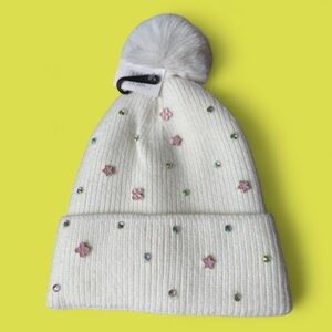 White Beanie with Pom Pom and Colorful Accents